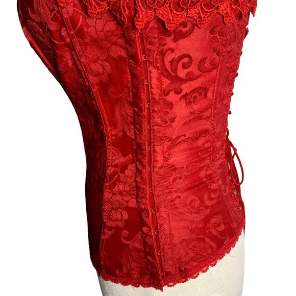 Fredericks Hollywood Dream Sweetheart Corset 32 Red Jacquard Lace Hook Closure - Picture 8 of 9
